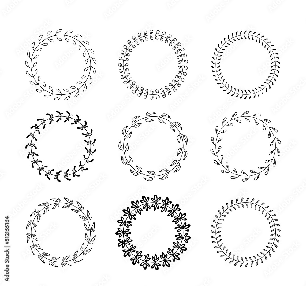 Laurels round border vector set. Set of different linear circle laurel leaves. Armorial branches. y. Laurels round border vector set. Set of different linear circle laurel leaves. Armorial branches. y.