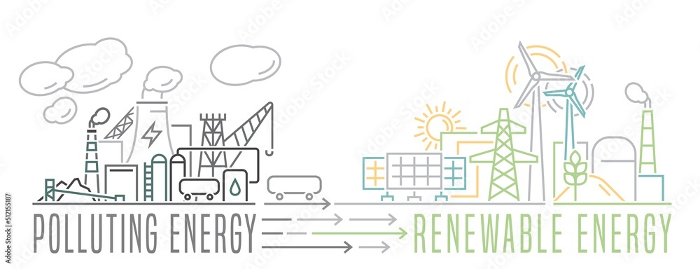 Transition to renewable alternative energy with lower emissions. Vector illustration