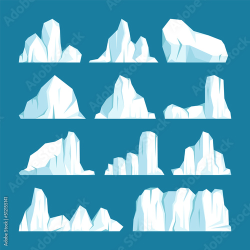Floating icebergs collection. Drifting arctic glacier, block of frozen ocean water. Icy mountains with snow. Melting ice peak. Antarctic snowy landscape. South and North Pole. Vector illustration.