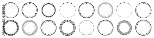 Mechanical clock faces, bezel. Watch dial with minute and hour marks. Timer or stopwatch element. Blank measuring circle scale with divisions. Vector illustration.
