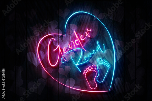Фотография Gender Reveal Pink and Blue Neon Sign on a Dark Heart decorated Wooden Wall  3D illustration