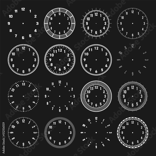 Mechanical clock faces with arabic numerals, bezel. White watch dial with minute, hour marks and numbers. Timer or stopwatch element. Blank measuring circle scale with divisions. Vector illustration