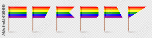 Realistic various toothpick flags. Wooden toothpicks with rainbow LGBTQ paper flag. Blank mockup for advertising and promotions. Pride month. Vector illustration
