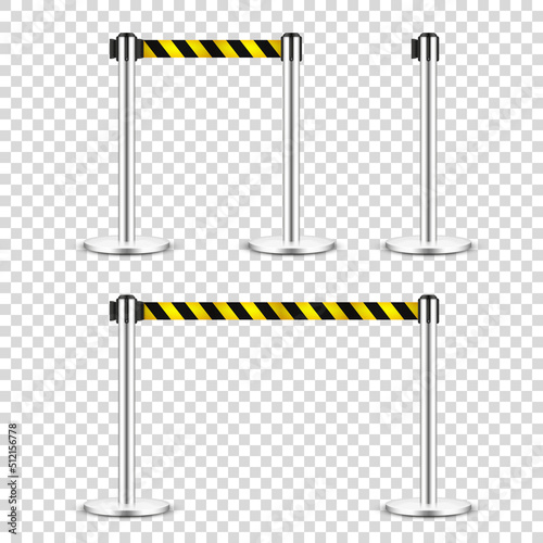 Realistic retractable belt stanchion on transparent background. Crowd control barrier posts with caution strap. Queue lines. Restriction border and danger tape. Vector illustration.