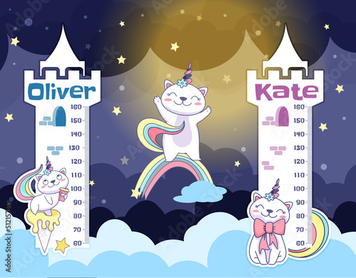 Flat kids height chart with cute caticorn. Child growth wall meter with unicorn cat, happy kitty on sky clouds and rainbow. Measuring ruler children, growth scale for kindergarten or nursery design.