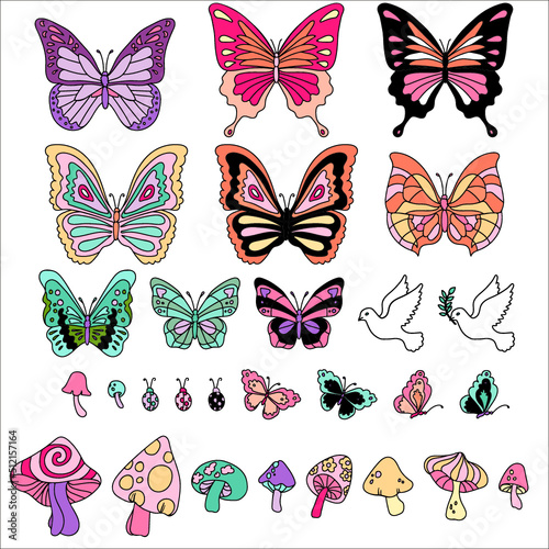 Set of Retro Butterflies and Mushrooms