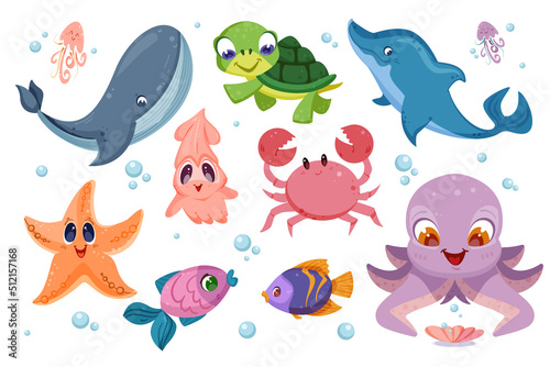 Cute sea animals and different fish. Underwater ocean life with funny characters of octopus, turtle, starfish, squid and crab. Happy whale and dolphin. Aquatic creatures set flat vector illustration.
