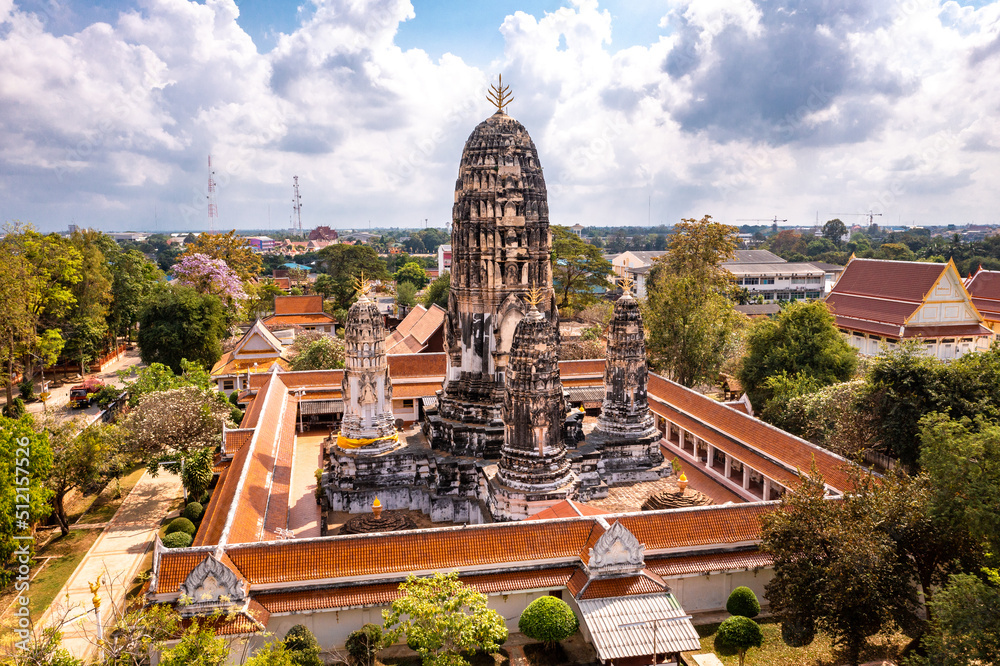 Aerial view of Wat Mahathat Worawihan in Ratchaburi, Thailand