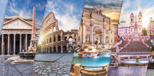 Coliseum, Trevi Fountain, Pantheon, Spanish Steps in one collage of Rome, Italy