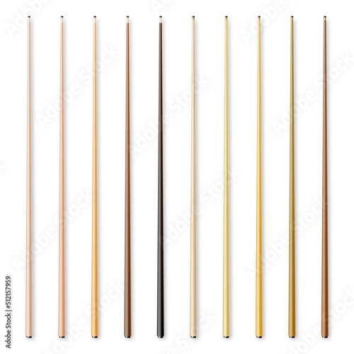Various wooden billiard cues isolated on white background. Snooker sports equipment. Vintage pool cue. Active recreation and entertainment. Vector illustration
