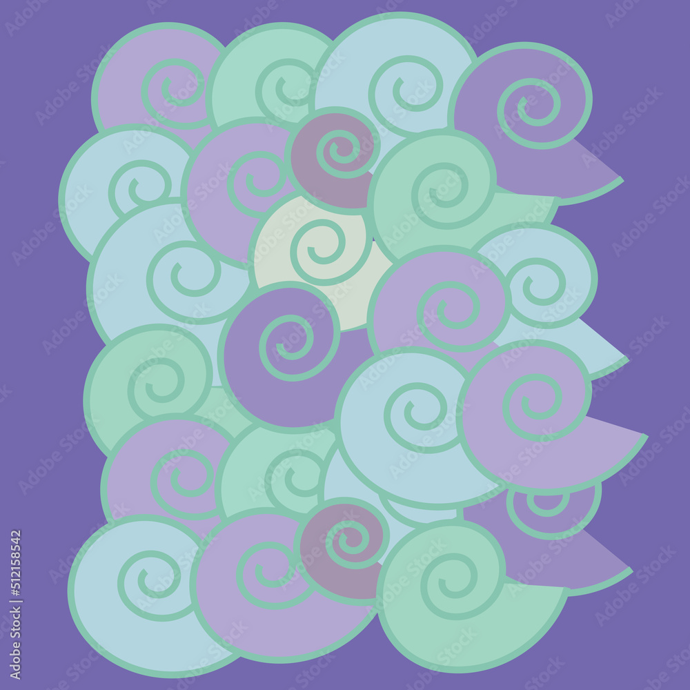 Colorful neo-geometric poster. Spirals on purple background. Abstract wave. Geometric template for poster, flyer, baner, poster, background image. Vector illustration.