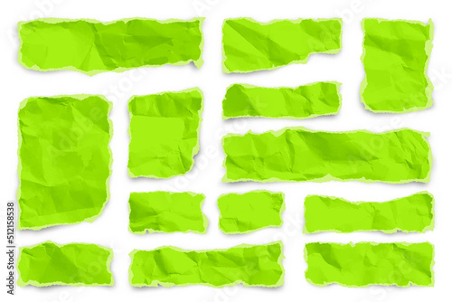 Green ripped paper strips on white background. Realistic colorful crumpled paper scraps with torn edges. Shreds of notebook pages. Vector illustration