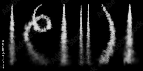 Realistic airplane condensation trails. Space rocket launch. Missile or bullet trail. Jet aircraft tracks. White smoke clouds, fog. Steam flow. Vector illustration.