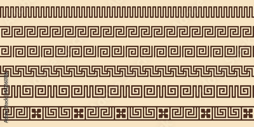 Greek key pattern, seamless borders collection. Decorative ancient meander, greece border ornament set with repeated geometric motif. Vector EPS10.