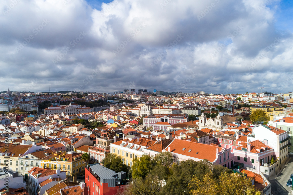Aerial view of the skyline of Lisbon cityscape with beautiful old houses