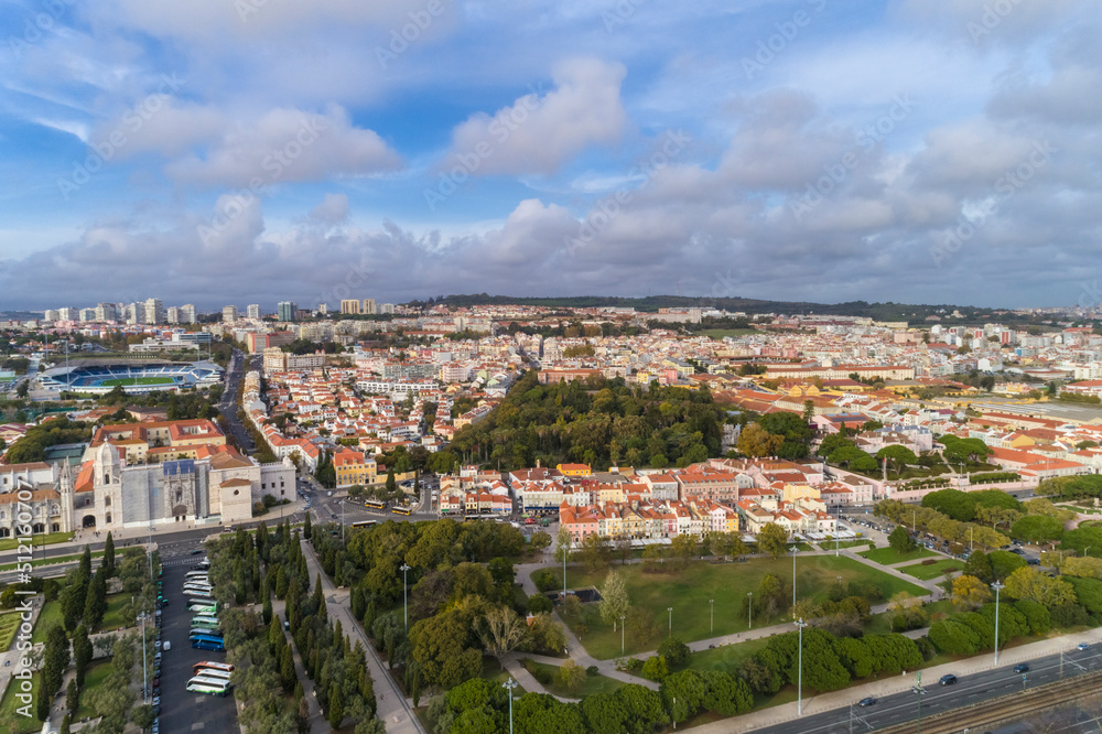 aerial view of the skyline of Belem area in Lisbon on the tagus river