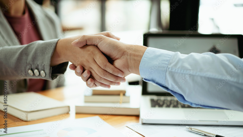 Teamwork executives colleagues business people handshake after meeting. Teamwork executives colleagues business people handshake after meeting.