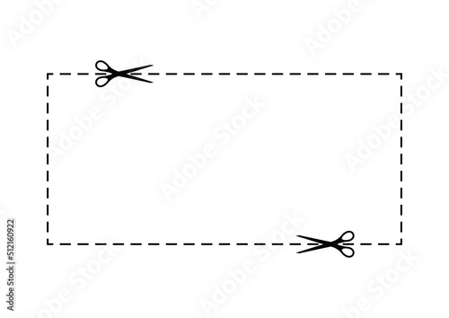 Scissors cut dotted line coupon with dash icon. Shear trim box rectangular shape frame or kids cutting practice page along the guide line with dash or dot border. Vector flat illustation.
