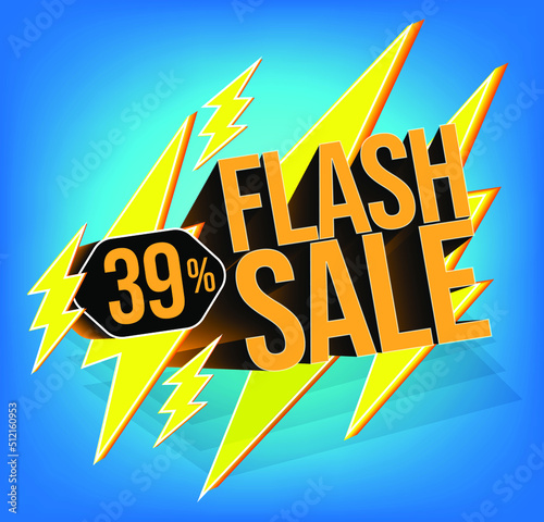 Flash sale for stores and promotions with 3d text in vector. 39% discount off