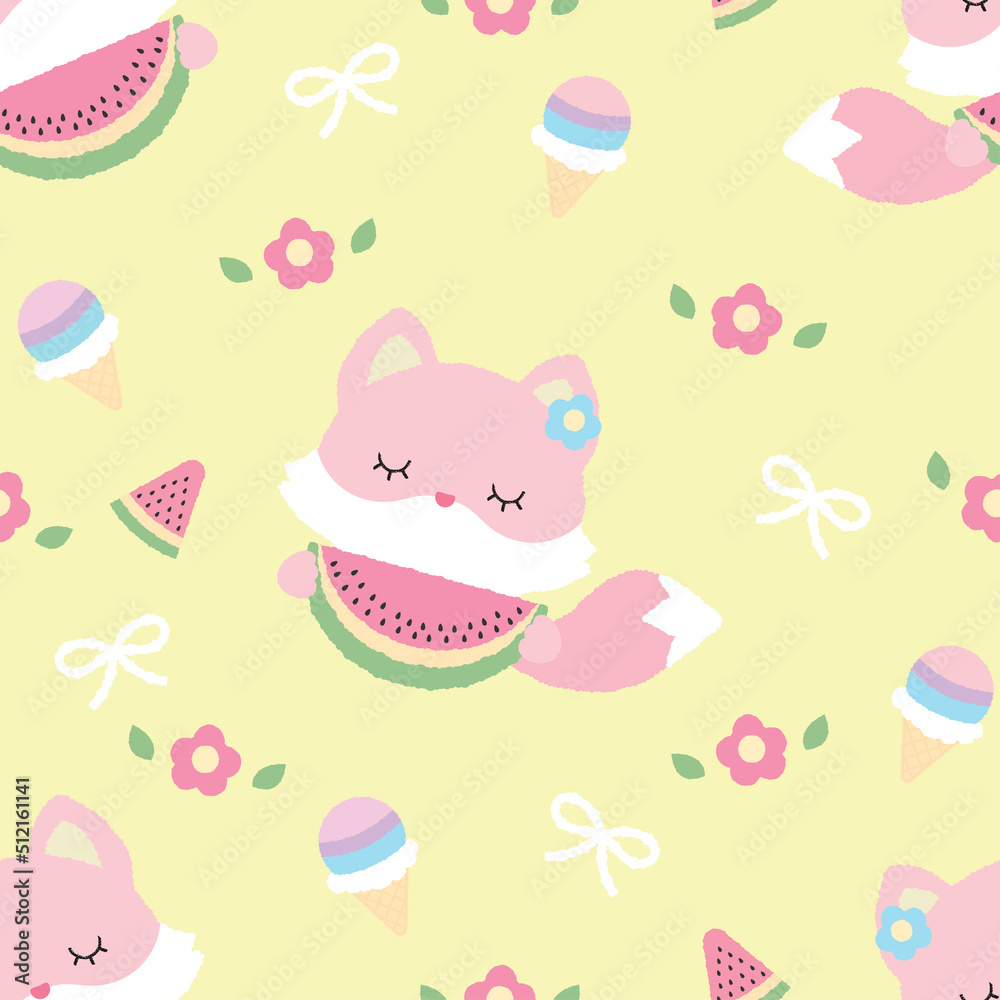Cute pink fox hold the watermelon seamless pattern on yellow background decorate with flower and ice cream. Cute pink fox hold the watermelon seamless pattern on yellow background decorate with flower and ice cream.