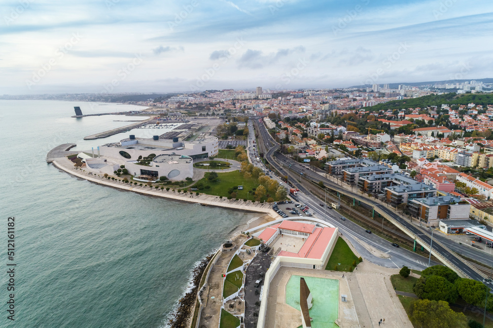 aerial view of the Waterfront of Belem area in Lisbon on the tagus river