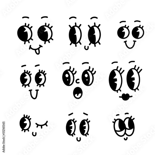 Set of Retro 30s cartoon mascot characters funny faces. 50s, 60s old animation eyes and mouths elements. Vintage comic smiles template. Caricatures with happy emotions. Hand drawn vector clipart.