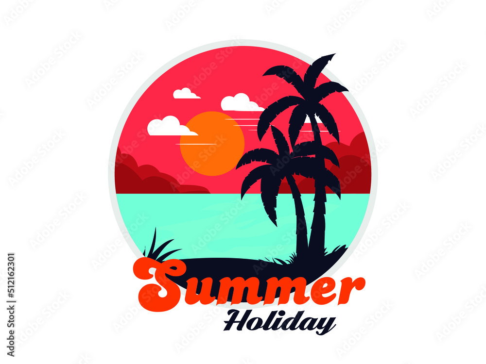 Summer holidays design emblem, summer beach symbol, coconut tree beach logo vector illustration