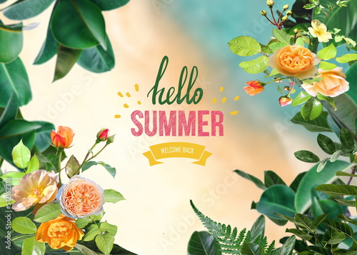  floral  summer hello text tropical leaves and pink kiss blue sea sky text greetings card  creative concept banner template  background