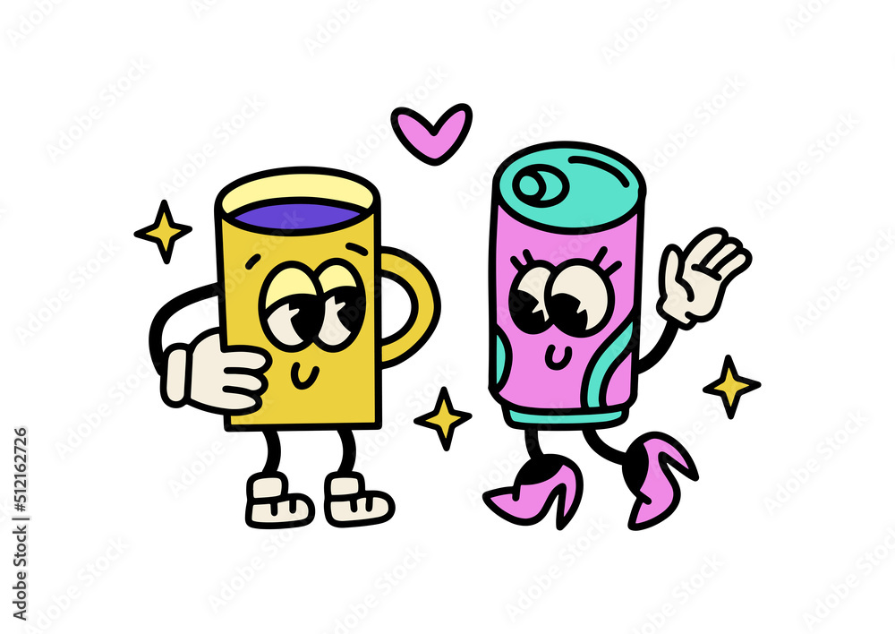 Funny cartoon characters - mug and soda can with retro big eyes. Vector hand drawn illustration. Comic characters in trendy retro cartoon style. Couple in love. Isolated print tee concept.