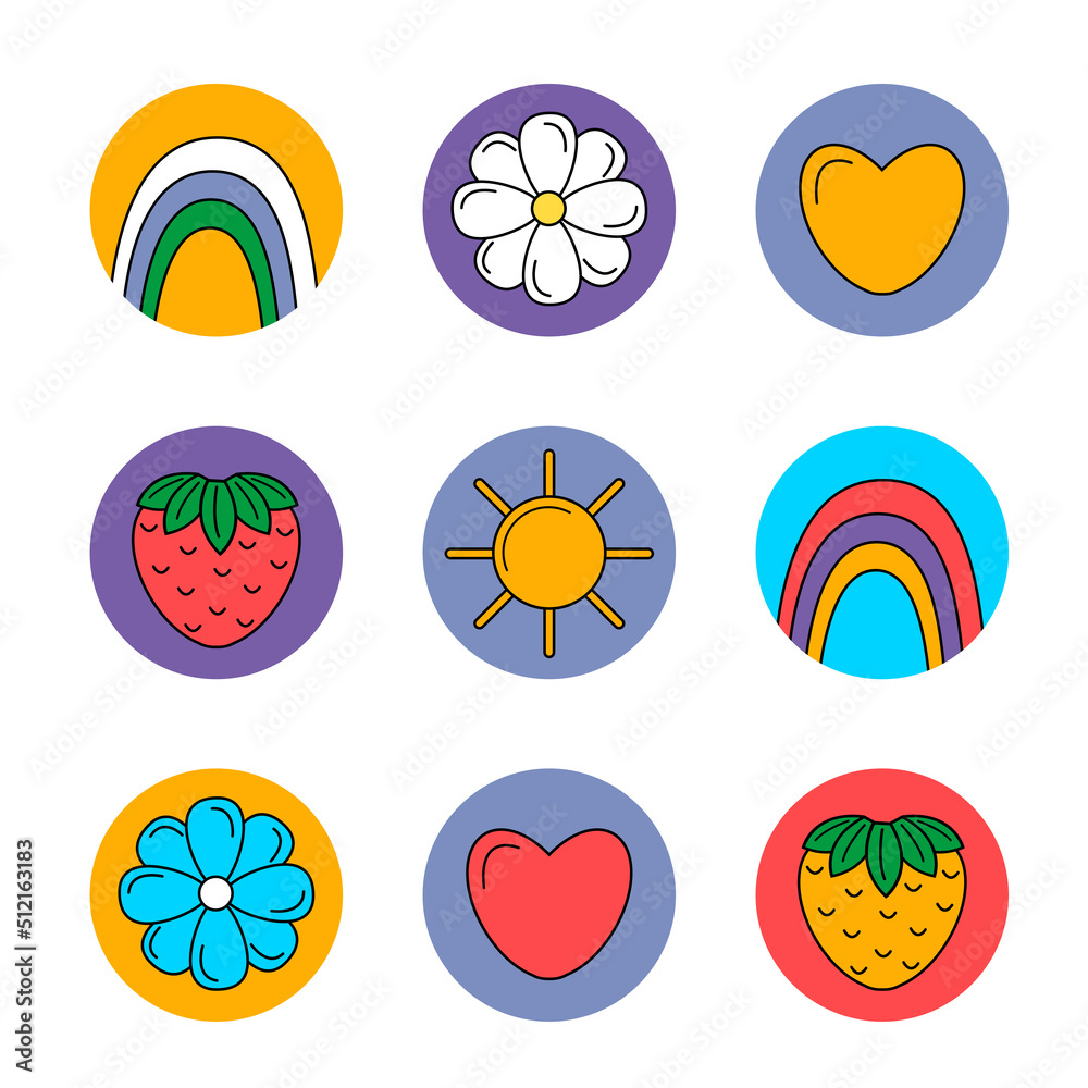 Collection of hand drawn trendy cartoon elements, icons for social media, bright icon set Collection of hand drawn trendy cartoon elements, icons for social media, bright icon set