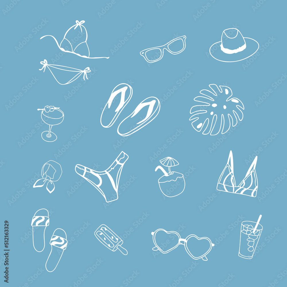 Summer set of accessories for the beach, contour drawing