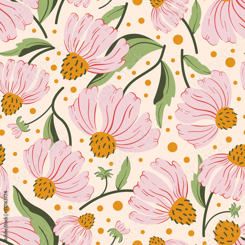 Floral seamless vector pattern with pink wildflower. Pink floral background for textile, fabric wallpaper, surface, scrapbooking.