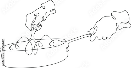 One continuous line.The hands of the cook. The cook prepares food in a frying pan. Cooking food on fire. The chef stirs the food being prepared.One continuous line is drawn on a white background.