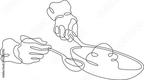 One continuous line.The hands of the cook. The cook prepares food in a frying pan. Cooking food on fire. The chef stirs the food being prepared.One continuous line is drawn on a white background.