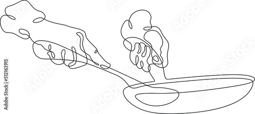One continuous line.The hands of the cook. The cook prepares food in a frying pan. Cooking food on fire. The chef stirs the food being prepared.One continuous line is drawn on a white background.