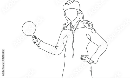 One continuous line.A woman railway worker gives a signal. Railway worker female character.One continuous line is drawn on a white background.