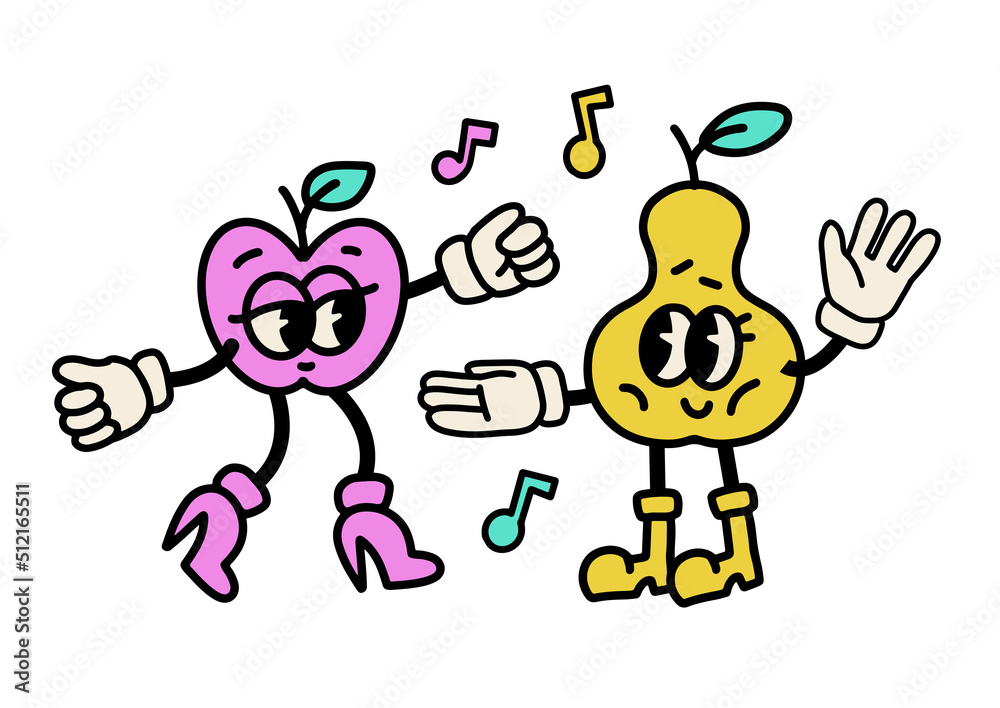 Traditional Cartoon Illustrations in retro style and trendy bright colors. Hand drawn characters of dancing apple and pear. Crazy cartoon comic fruits with hands in gloves.Vector clipart .