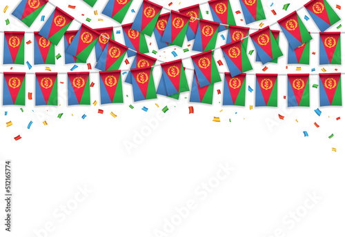Fototapeta Naklejka Na Ścianę i Meble -  Eritrea flag garland white background with confetti, Hang bunting for Eritrea Independence Day celebration template banner, Vector illustration