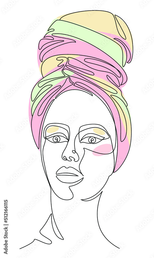 Silhouettes of the girl's head. Lady in a turban, scarf. Woman face in modern one line style. Solid line, contour for decor, posters, stickers, logo. Vector illustration.
