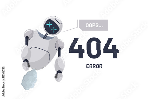 Website page not found error 404. Robot character broken. Chatbot mascot disabled. Site on technical work web design template. Cartoon online bot crash accident. Robotic assistance failure. Vector eps