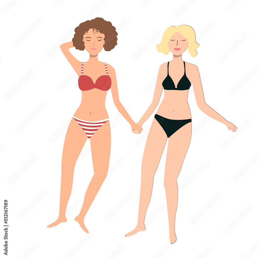 Summer holiday. Young female couple lying and sun tanning. Sisters, friends or lesbian woman isolated vector illustration Summer holiday. Young female couple lying and sun tanning. Sisters, friends or lesbian woman isolated vector illustration