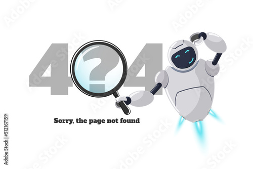 Website page not found error 404. Worried robot character with magnifying glass in hand. Site crash on technical work EPS web design template with chatbot mascot. Cartoon online bot assistance failure