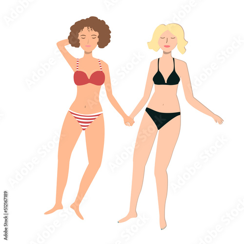 Summer holiday. Young female couple lying and sun tanning. Sisters, friends or lesbian woman isolated vector illustration