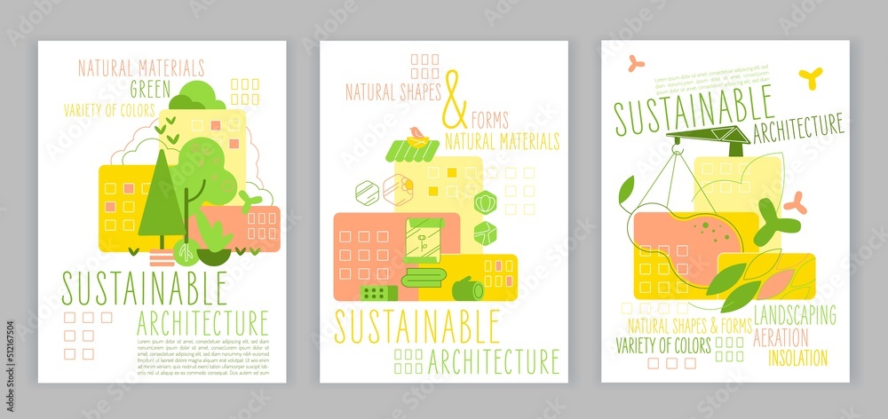 Biophilia design posters. Integration of nature into architecture. Vector illustration