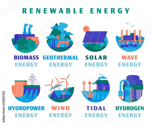 Renewable sources of energy. Editable vector illustration