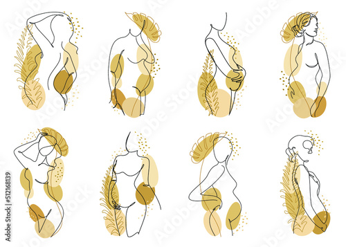 Collection. Silhouettes of a figure of a girl and a leaf of a plant in a modern single line style. The woman is pregnant. Solid line, aesthetic decor outline, posters, stickers, logo. Vector illustrat