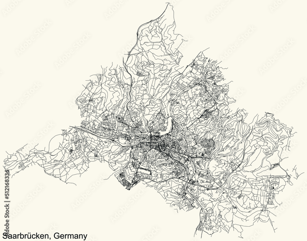 Detailed navigation black lines urban street roads map of the German regional capital city of SAARBRÜCKEN, GERMANY on vintage beige background