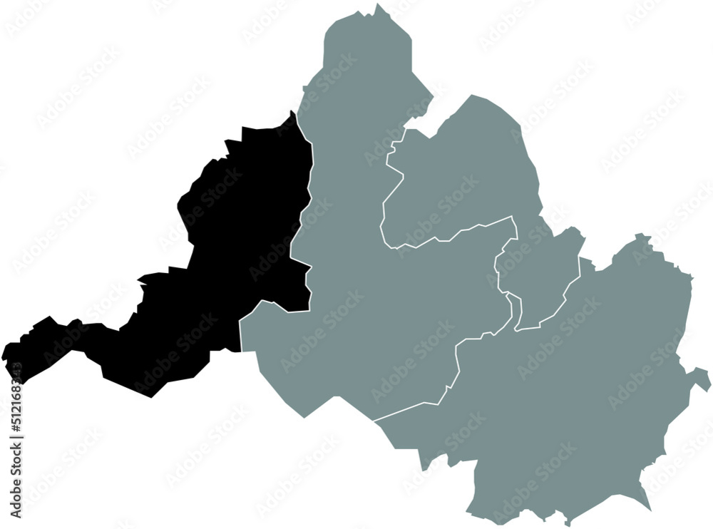 Black flat blank highlighted location map of the 
WEST BOROUGH inside gray administrative map of Saarbrucken, Germany