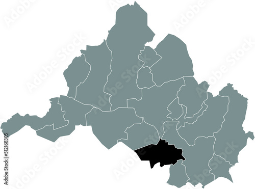 Black flat blank highlighted location map of the GÜDINGEN DISTRICT inside gray administrative map of Saarbrucken, Germany
