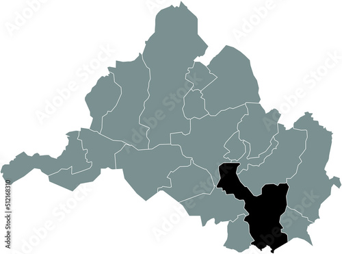 Black flat blank highlighted location map of the BREBACH-FECHINGEN DISTRICT inside gray administrative map of Saarbrucken, Germany
